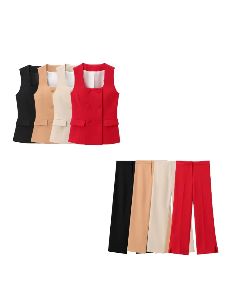 GELITAYIN Women Fashion With Covered Buttons Waistcoat And High Waist Straight Pants Female Two Piece Sets Mujer