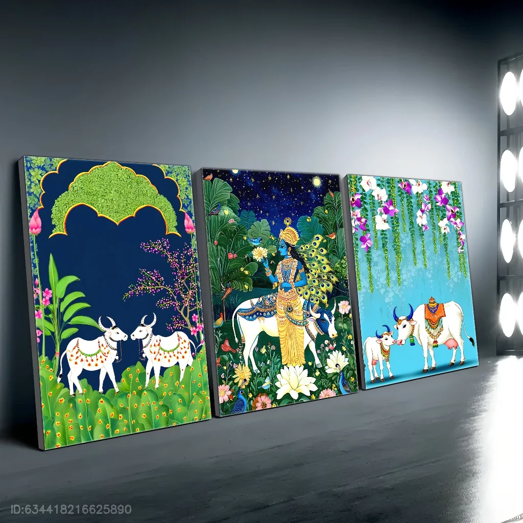 3 قطع من المطبوعات القماشية المؤطرة، ملصق زخرفي بنمط إسلامي للتسامي الفني المذاق، منظر طبيعي للبقرة والأغنام #2