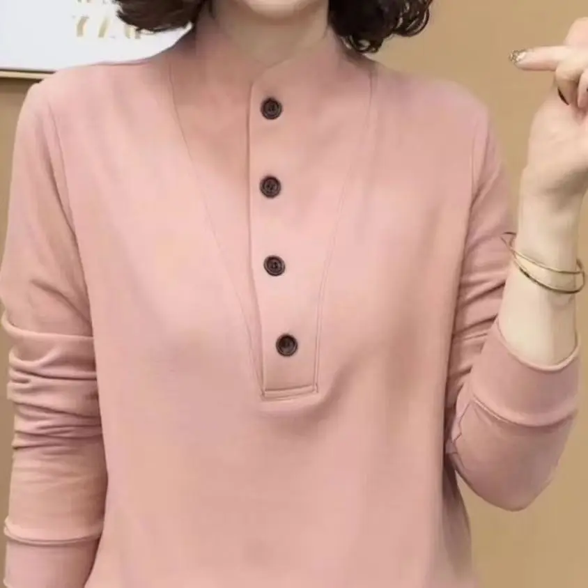 Fashionable Double-Sided Velvet Base Shirt for Middle-Aged Mothers Slimming  Color Casual Style Long Sleeve T-Shirt