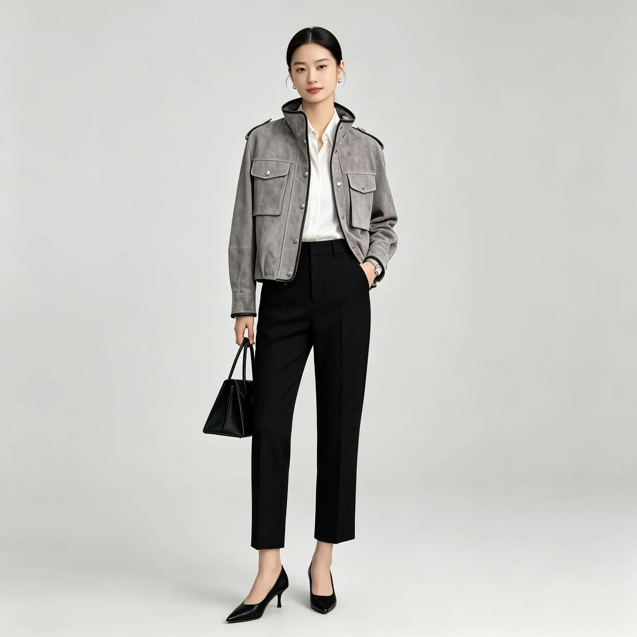 Vintage Grey Suede Sheepskin Jacket ，Women Loose Fit Stand Collar Cargo Outerwear