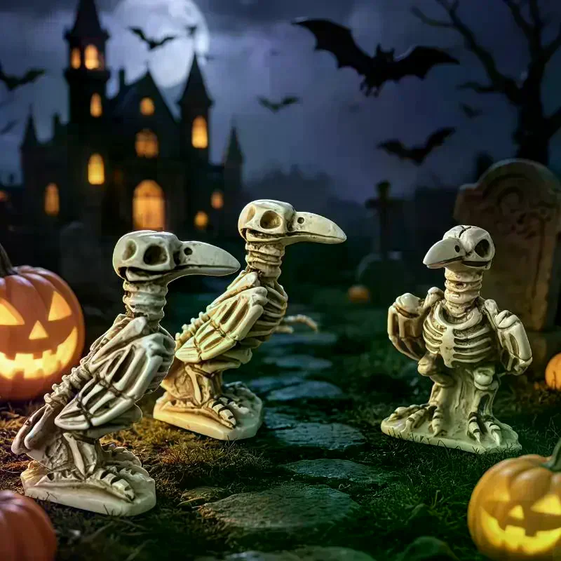 3pcs Skull Crow Miniature Model Halloween Resin Statue Dollhouse Home/Garden Scene Ornament Photography Prop Horror Atmosphere