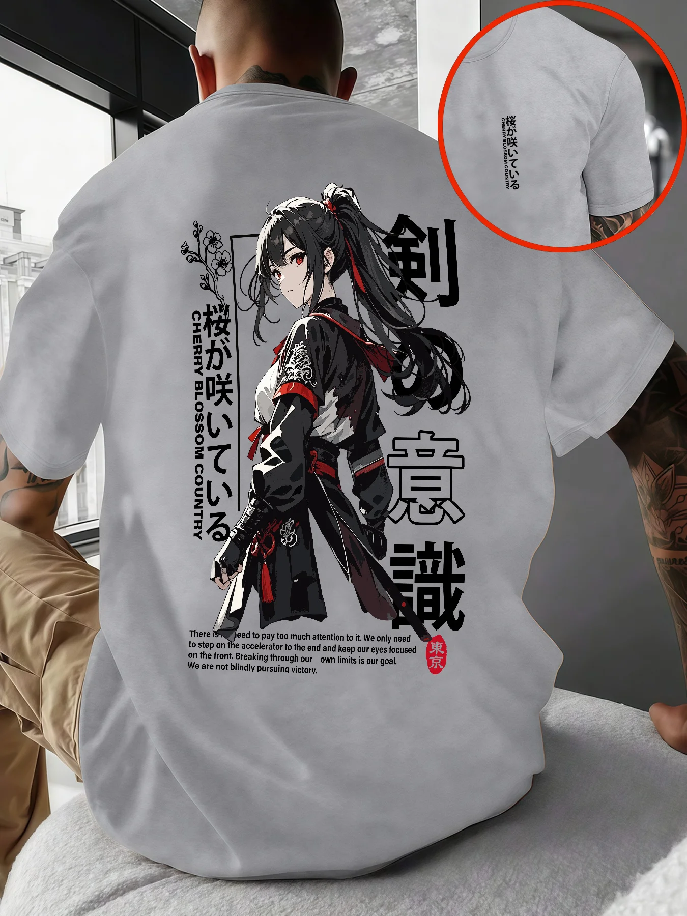 Men Y2k Cherry Blossom Sword Awaken Printing Pattern Printing Short-sleeved Casual All-fit Breathable Top Summer New Style Loose