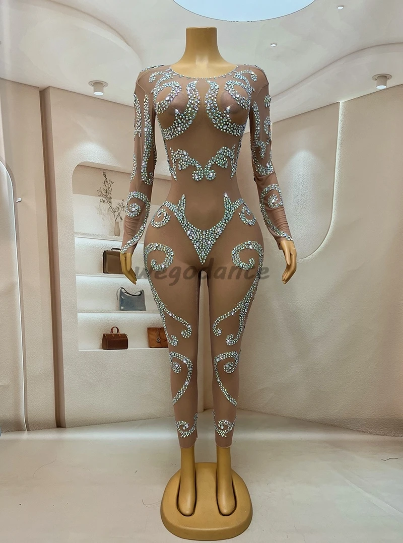 Sexy Bodysuit Outfit Birthday Performance Singer Costume Shining AB Color Rhinestones Nude Transparent Jumpsuit