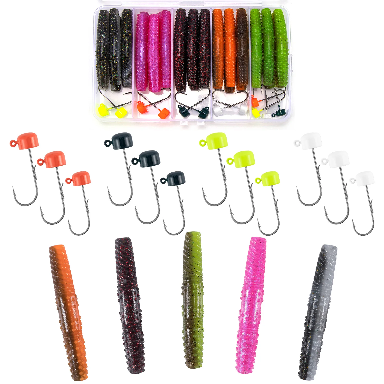 

42pcs Ned Rig Lure Kit with Ned Jig Head Hook Soft Plastic Fishing Lure Worm Fishing Jigs Hooks Set for Crappie Panfish