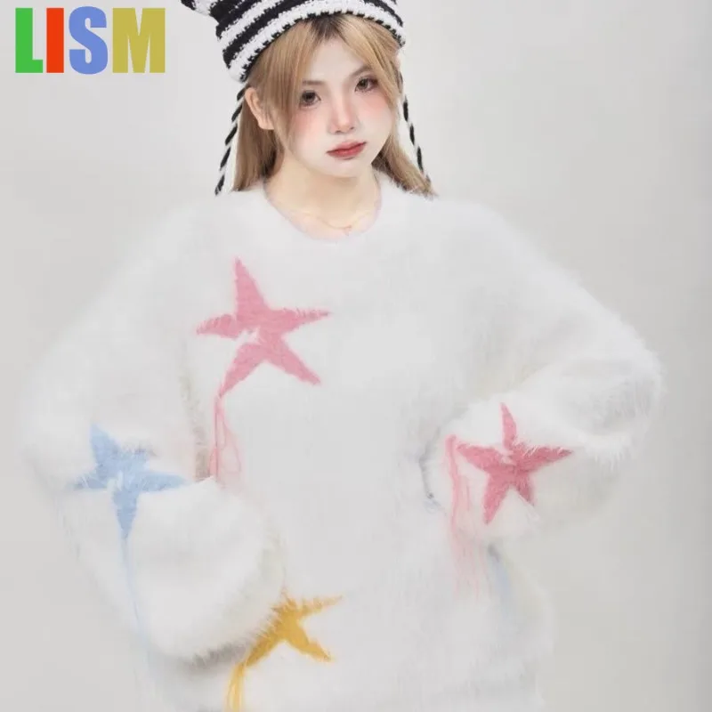 

LISM y2k hoodies Sweet Loose Star Soft Glutinous Oversized Sweater Winter New Round Neck Comfortable Knitted Pullovers Top