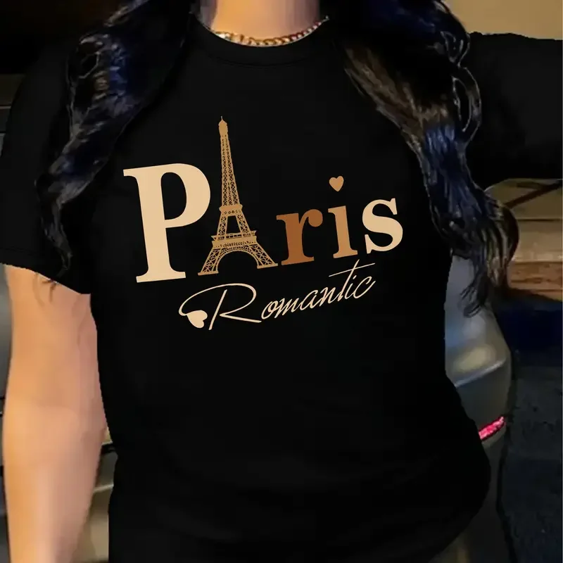 Paris Letter Print T-shirt Short Sleeve Crew Neck Casual Top For Summer Women\'s Clothing Casual Regular Female Graphic Clothes