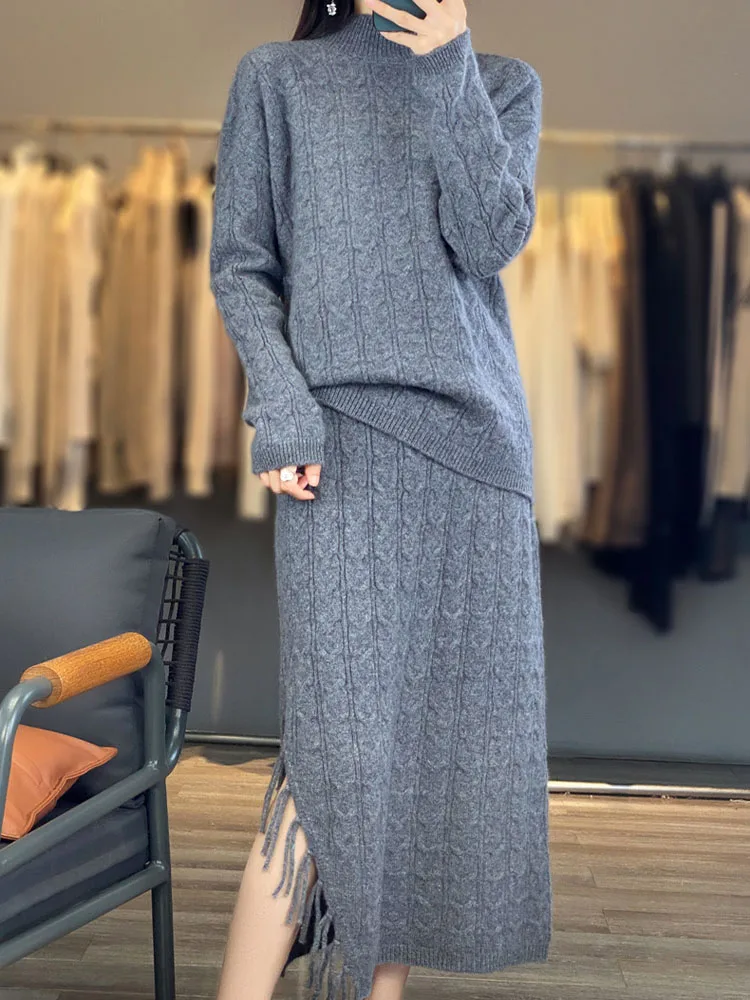 شرابة شق محبوك مجموعة فرقة أزياء أنيقة المرأة عارضة قطعتين مجموعة الكورية تنورة ضئيلة سترة سميكة Conjuntos #2