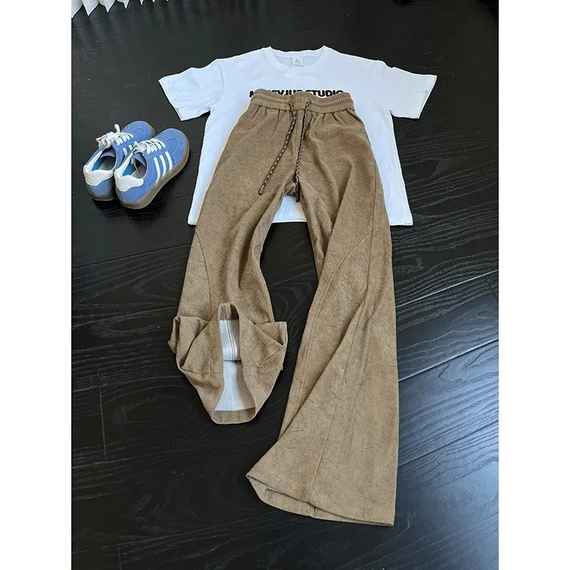 Khaki dark pattern diagonal scimitar pants men's autumn American retro corduroy sweatpants drapey sports casual pants