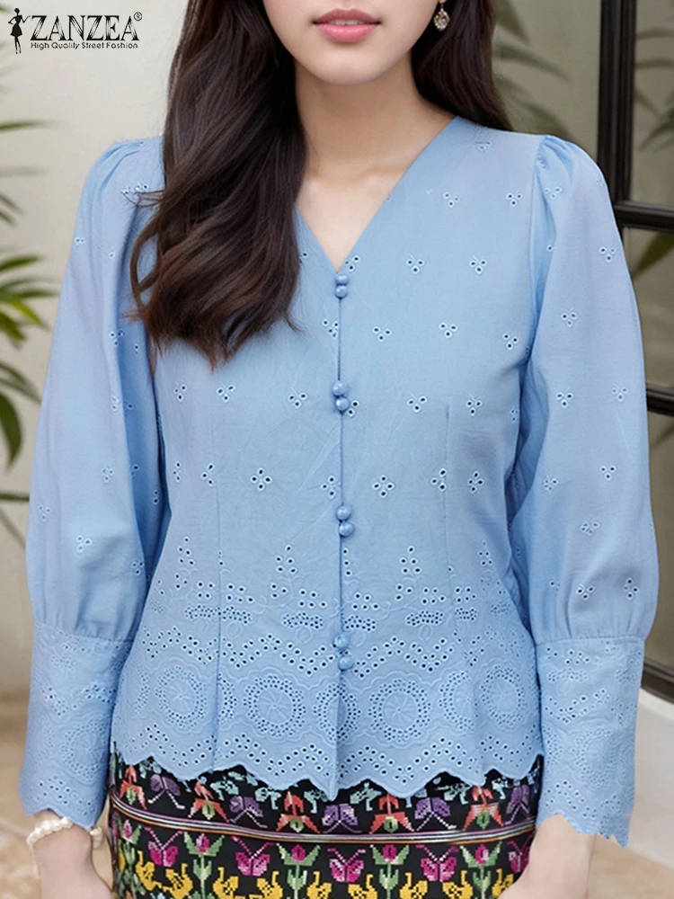 

ZANZEA Women Casual Openwork Embroidery Shirts 2025 Spring 3/4 Sleeve Lace-Cuffs V-Neck Solid Color Chemises Elegant Daily Tops
