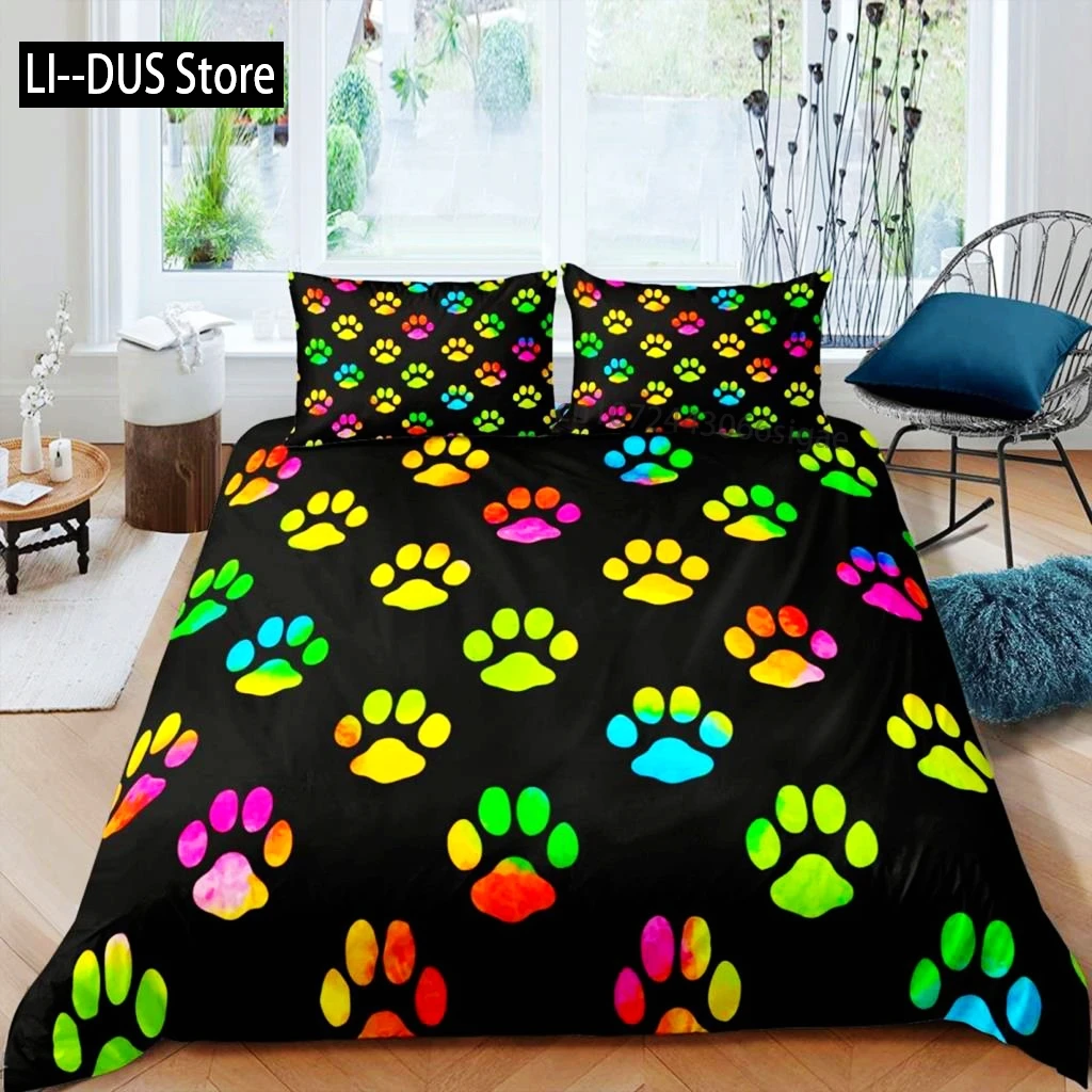 

Footprint Duvet Cover Set Kids Watercolor Bedding Set Animal Footprints Colorful Puppy Paws Multicolor Graffiti Art Quilt Cover