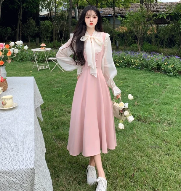 ربيع الخريف حجم كبير الحلو الوردي القوس عالية الخصر ألف خط فستان موضة الحد من العمر الشاش الربط وهمية قطعتين فساتين طويلة #6