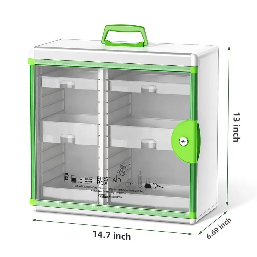 خزانة أدوية مع صندوق قفل أدوية مثبت على الحائط باللون الأخضر مقاس 15 × 6.7 × 13 بوصة حاوية تخزين محمولة بسعة كبيرة #2