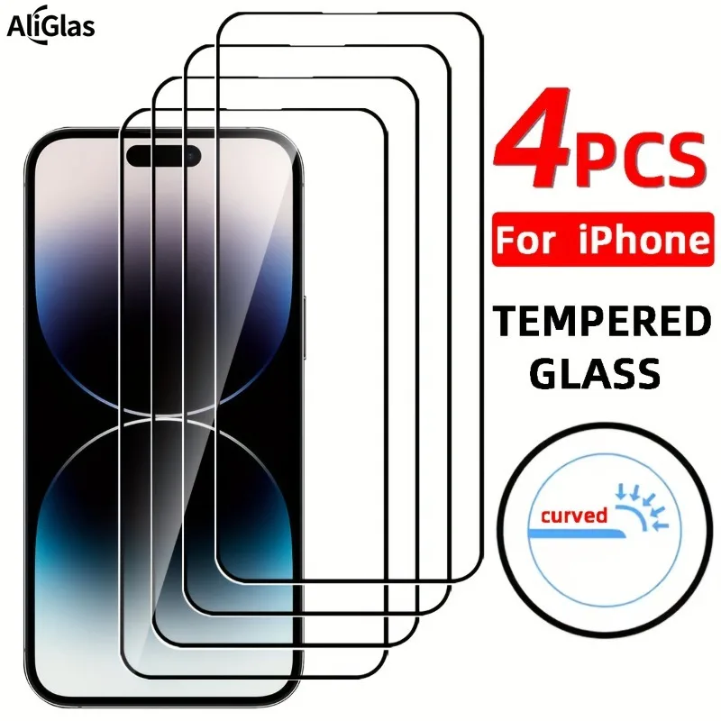 

4 упаковки защитных пленок из закаленного стекла с полным покрытием для iPhone 17 16 15 14 13 12 11 Pro Max 16 15Plus 16e Air XR XS Max Glass