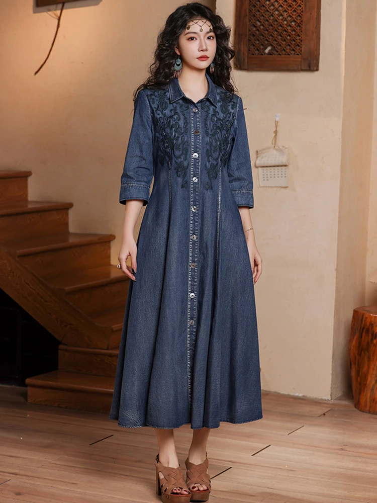

Vintage Denim Dress 2025 Spring/Summer Elegant Women Dress Heavy Embroidery Turn-down Collar Ankle-length A-line Dresses T329