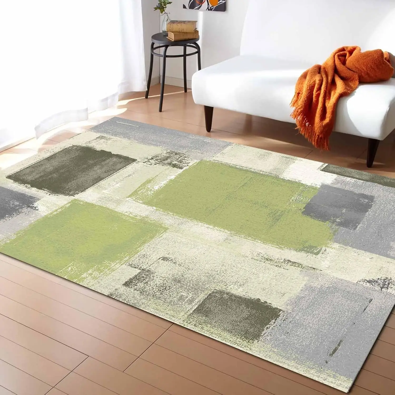 Green Paint Washable Area Rugs Abstract Mottled Classic Art Non Slip Rugs for Living Room Bedroom, Low Pile Floor Mat Large