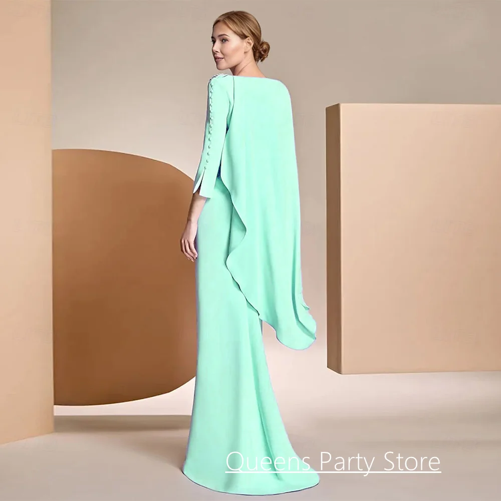 Mint Wedding Party Dresses Customized Scoop Neck Long Sleeves Sweep Train Mermaid Mother of The Bride Dress with Cape