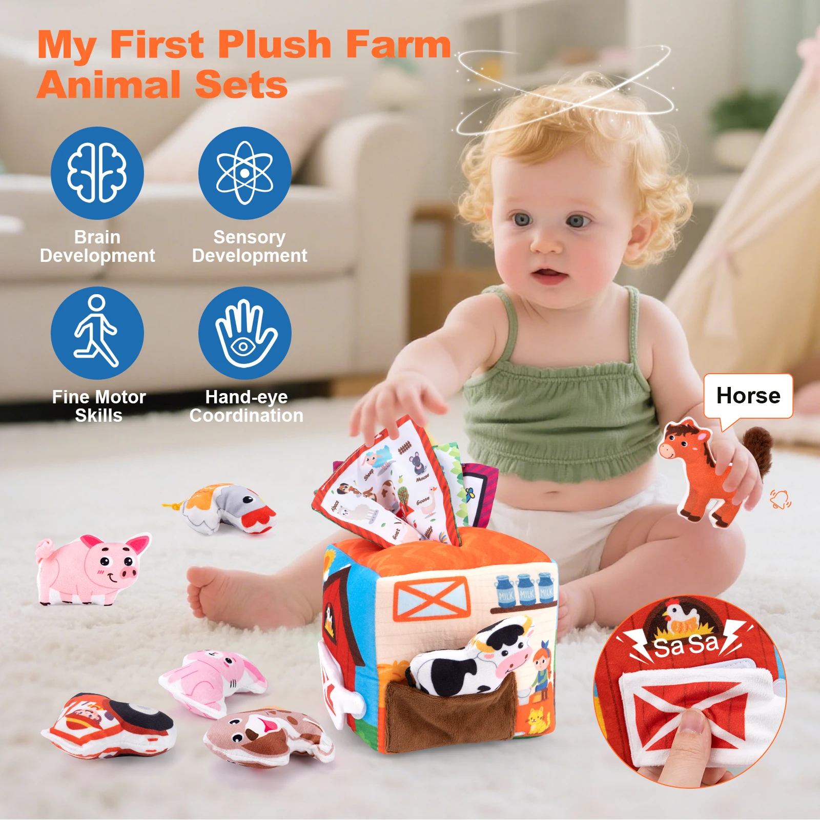 ベビーソフトぬいぐるみ動物ティッシュボックス模擬家畜ハウスセットサウンド幼児感覚認知おもちゃモンテッソーリおもちゃ