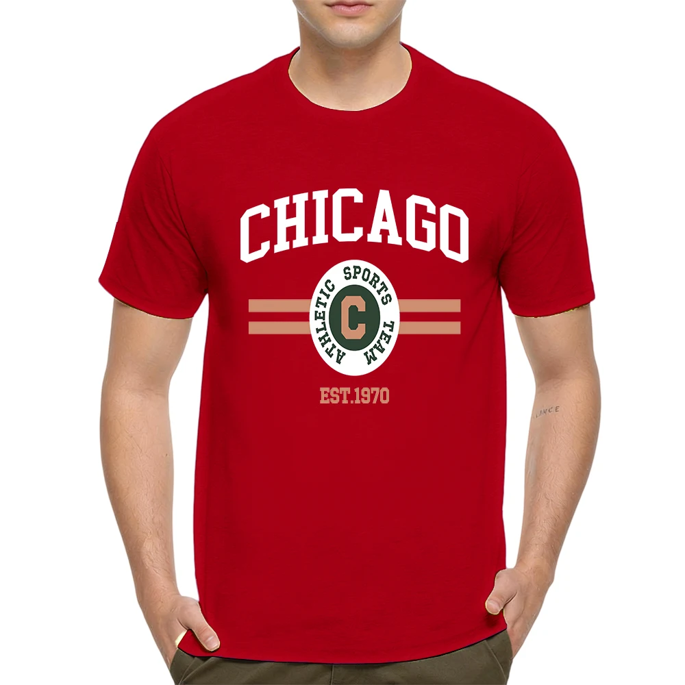 Mens 100% Cotton T Shirt 1970 Vintage Varsity Circle Badge Stripe Print Breathable Short Sleeve Daily Wear