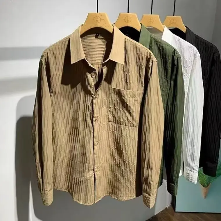 

Мужская тонкая демисезонная рубашка свободного кроя с воротником и ретро-текстурой, универсальная, для носки на каждый день