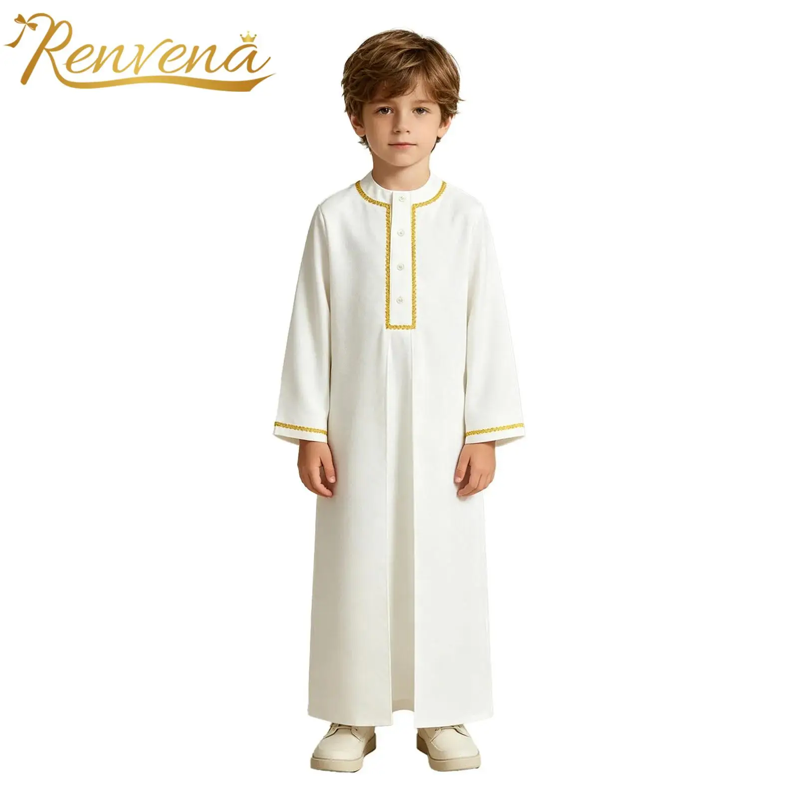 Children's Muslim Robe Kids Boys Jacquard Gold Trim Arab Gown Kaftan Arabic Thobe for Halloween Islamic Clothes Holiday Costume view 2