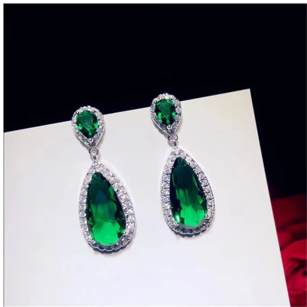 S925 Drop Earrings For Women Party Vintage Fine Jewelry Created Emerald Green Cubic Zirconia Long Eardrop Accessories Bijoux