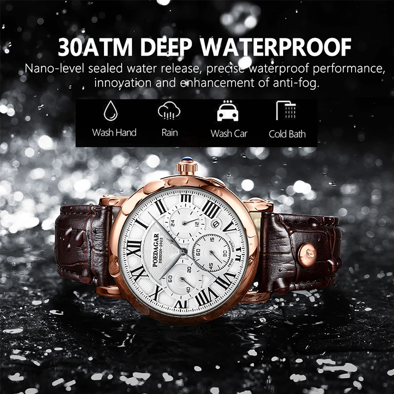 POEDAGAR Multifunction Men Watches Luxury Stopwatch Calendar Waterproof Quartz Wristwatch For Man Casual Genuine Leather Clock