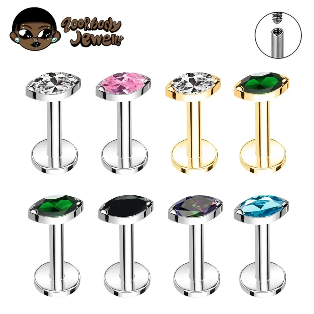 ASTM F136 Titanium Labret Lip Piercing 16G 18G Nose RingTragus Marquise CZ Helix Cartilage Conch Earring  Piercing Jewelry