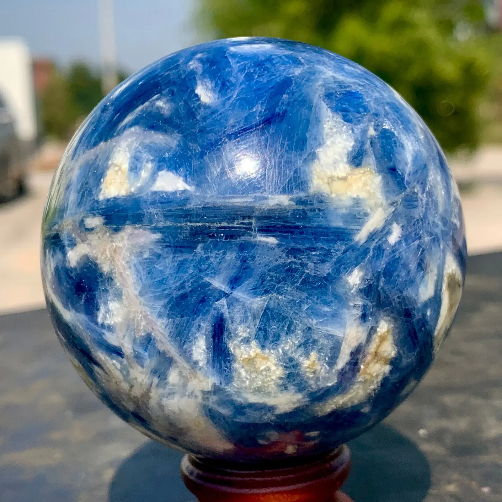 Natural Blue KYANITE with Quartz Crystal glossy sphere ball Specimen Reiki Healing