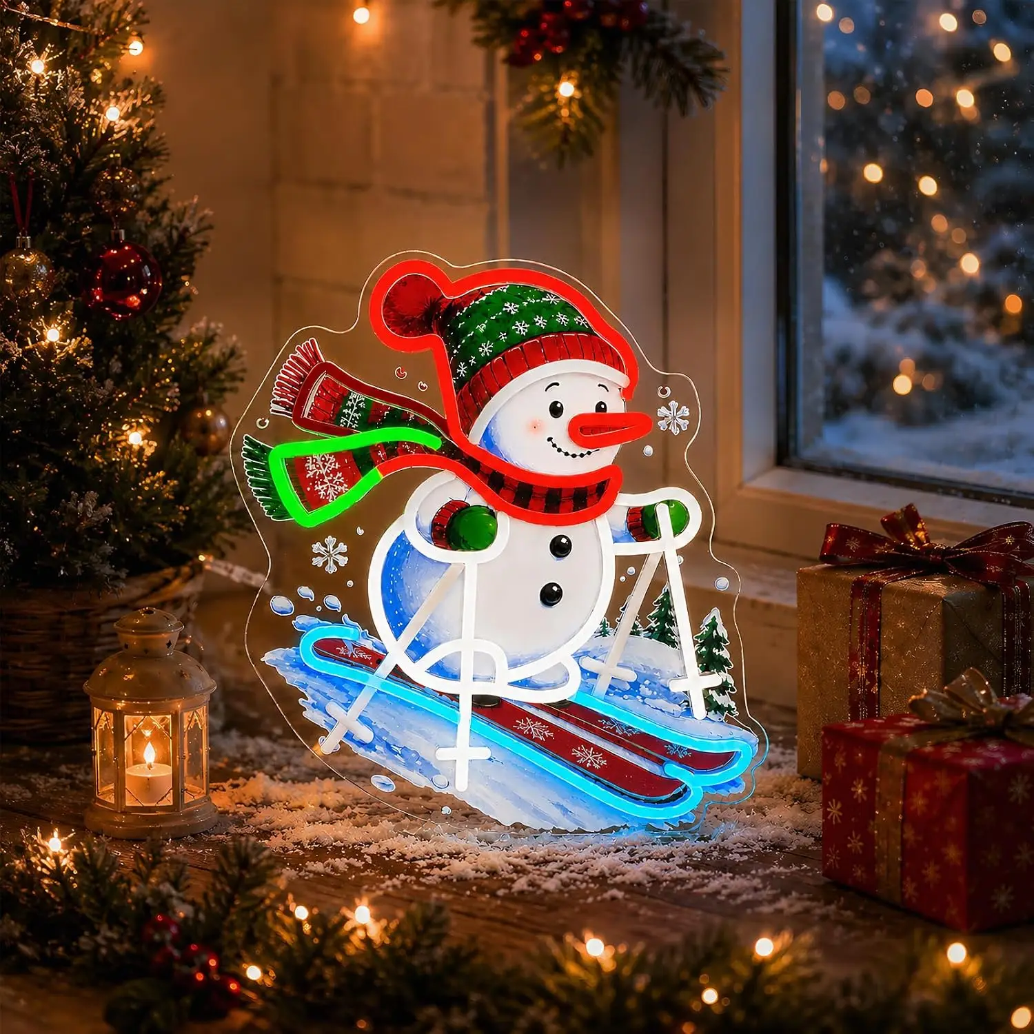 Waving Christmas Skiing Snowman Neon Sign USB Powered LED Neon Light Wall Light for Christmas Home Party Bedroom Decor Gift