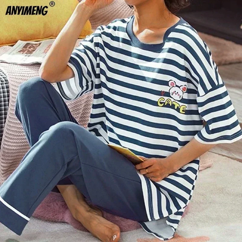 New Sleepwear Cartoon Cotton Pajamas for Women Long Pants Short Sleeved Summer Spring Loungewear Fashion Home Clothing Homewear