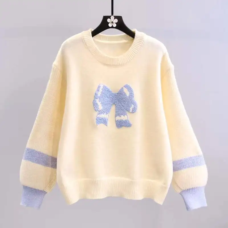 Little Fresh Bow Tie Pullover Sweaters for Women Autumn/Winter 2023 NeArrival Korean Slack Loose Fashion Elegant Knitted Top