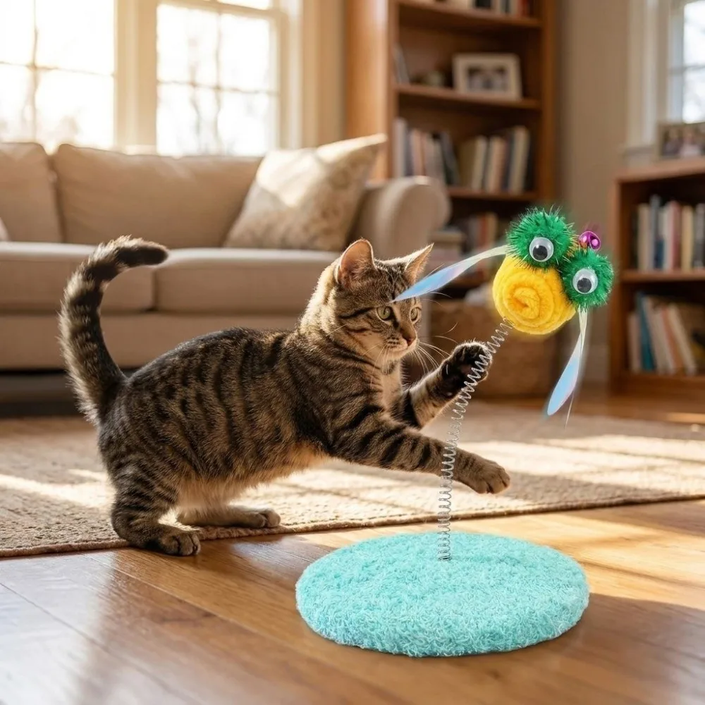 Dragonfly Design Cat Spring Toy Scratch Resistant Googly Eyes Cat Teaser Wand Wobble Bounce with Bell Pounce Play Toy