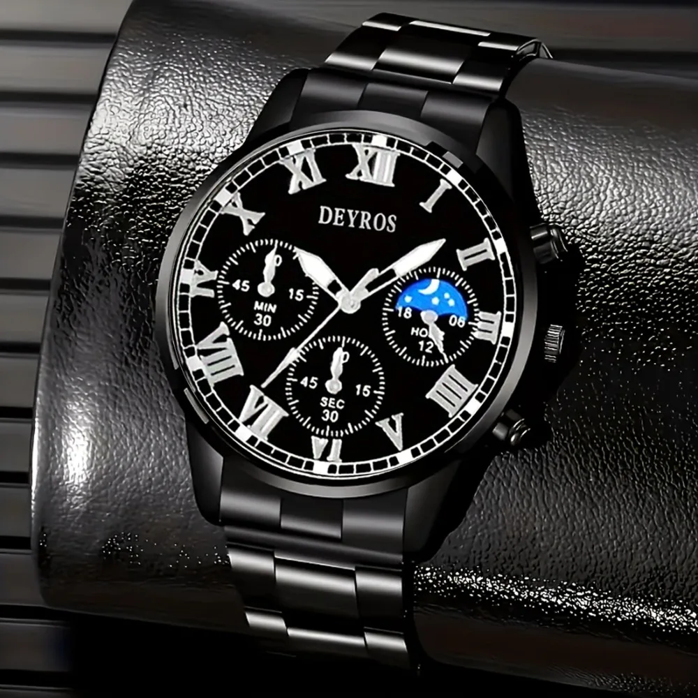 5‑Pcs Luxury Men Watch Set, 5‑Piece Multi‑Function Chronograph Quartz Watches with Stopwatch Function, Men Gift