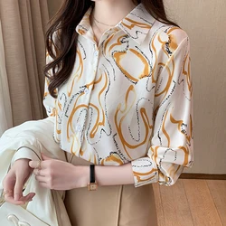 Women Spring Printing Korean Fashion Loose Chiffon All-match Shirts Women Clothes Casual Polo-Neck Long Sleeve Office Lady Tops