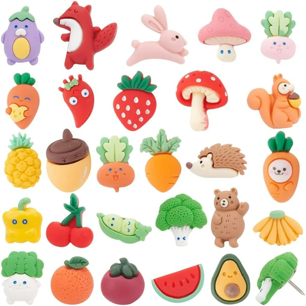 27 Pcs Autumn Theme Push Pins, Animal Fruit Vegetable Pushers, Resin Drawing Pins, Thumb Tacks, Cork Board Pins for Bulletin