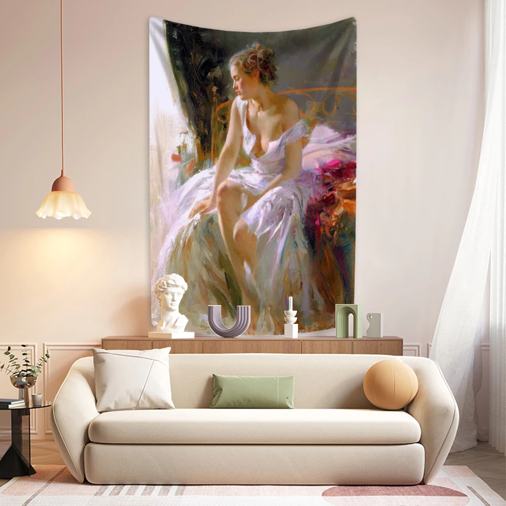 

XxDeco Oil Painting Girl Tapestry Vintage Art Printed Bohemian Home Decoration Wall Hanging Carpets Dorm Backdrop Birthday Gift