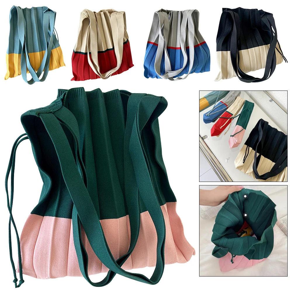 Knitted Retro Foldable Storage Handbag Casual Large Capacity Reusable Eco Folding Shopping Tote Bags For Women Organ Pleats