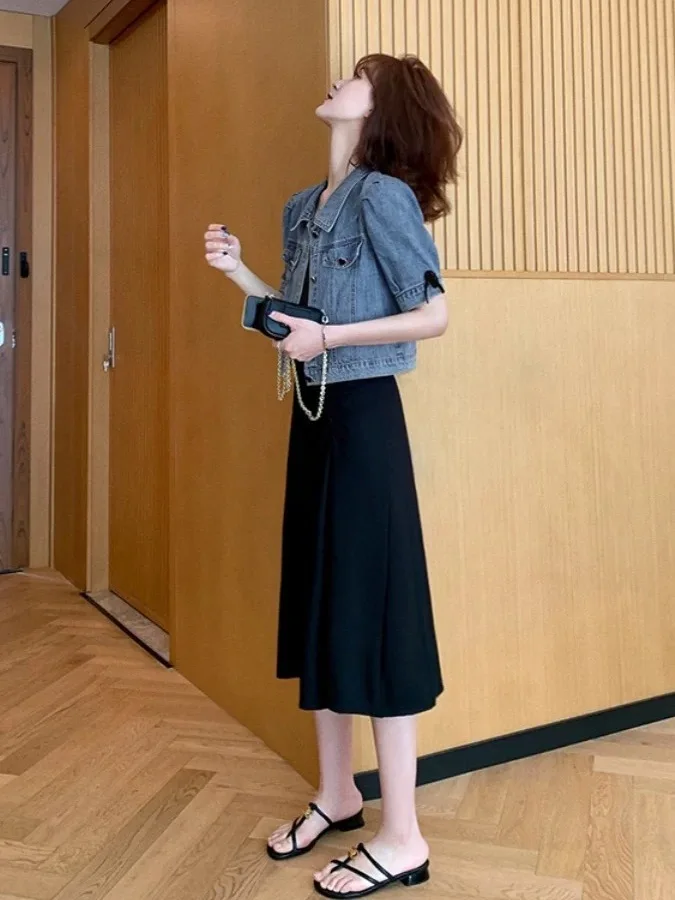 初秋韓国香港スレオルスヴェレディースジーンズジャエット薄手アウター万能バブルスヴェ襟