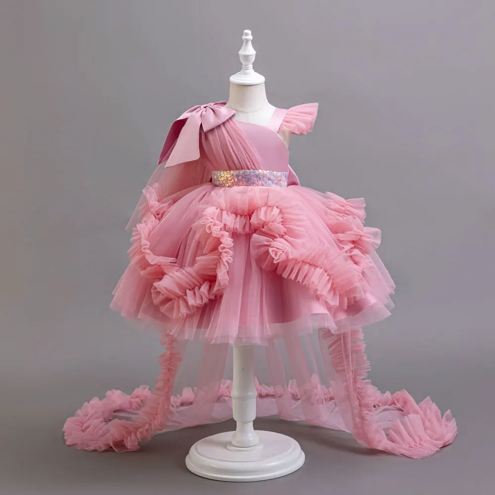 Fashion New Flower Girl Dresses for Weddings Lace Mesh Slanted Shoulder Baby Girl Dress Summer Girl Evening Gown 1-6 Years