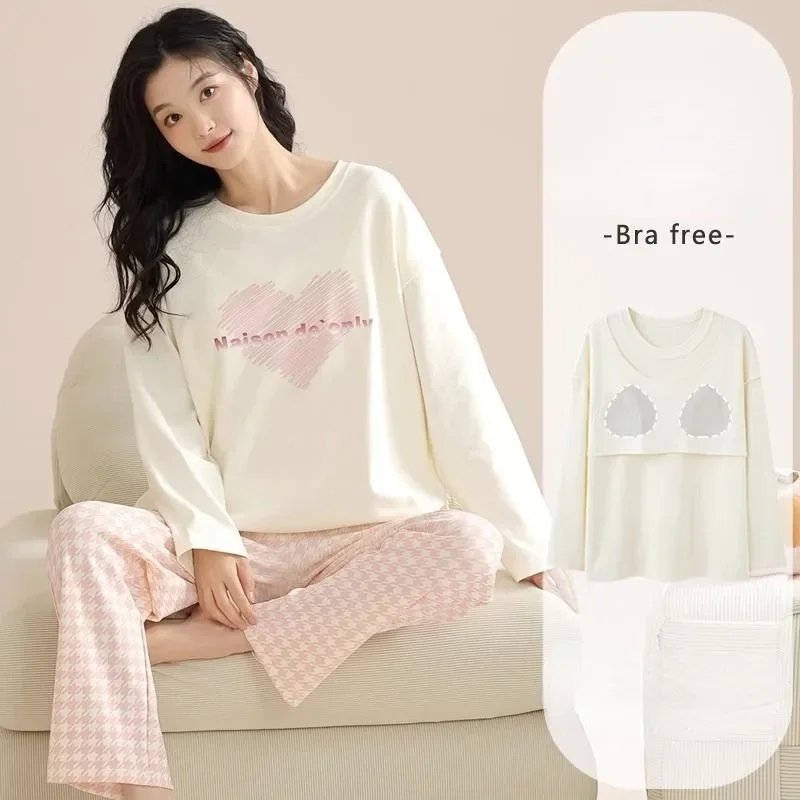 2024 New 100% Cotton Pajamas Chest Pads Women\'s Sleepwear Spring Autumn Long Sleeve Homewear Pullover Winter Loungewear Sets