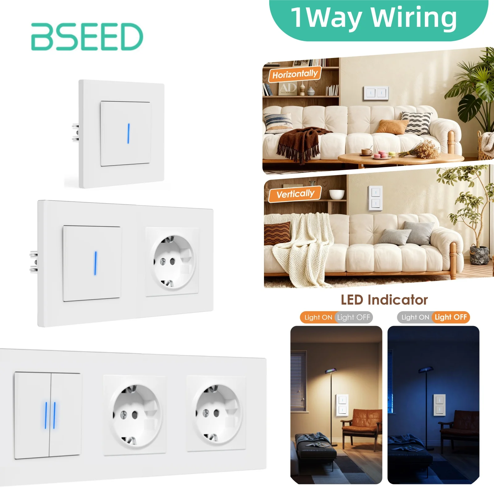 BSEED Push Button Switch 10A With Indicator Light Switch White Plastic Frame USB-C Phone Charge E-Series EU Standard 1 Way