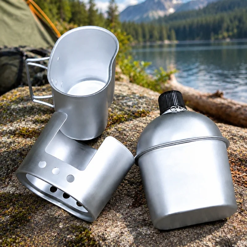 Aluminum Military Canteen Kit with Water Bottle, Handle Mug, and Tough Green Canvas Sleeve - 3 Pieces