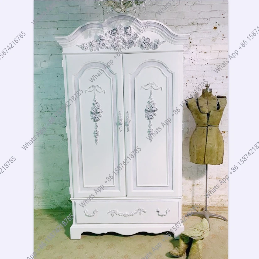 

Custom French wardrobe American retro old solid wood carving flower double door wardrobe bedroom locker household storage cabine