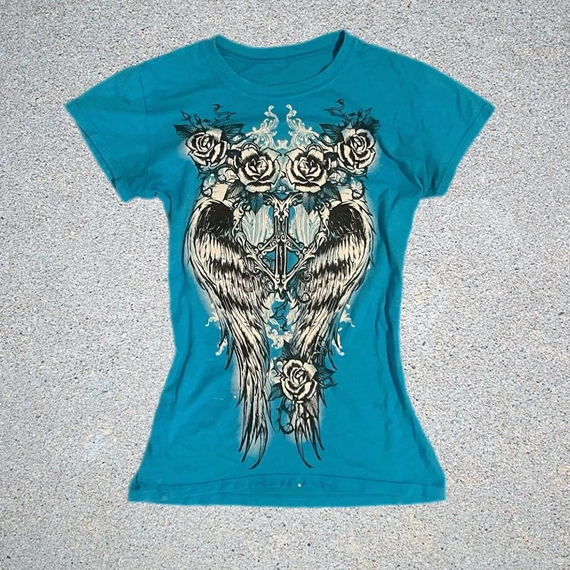 Camiseta ajustada gótica Y2k para mujer, Top corto de los años 90, ropa Vintage para mujer, camisetas Punk sexis de manga corta, ropa de calle de verano, camiseta Hotgirl