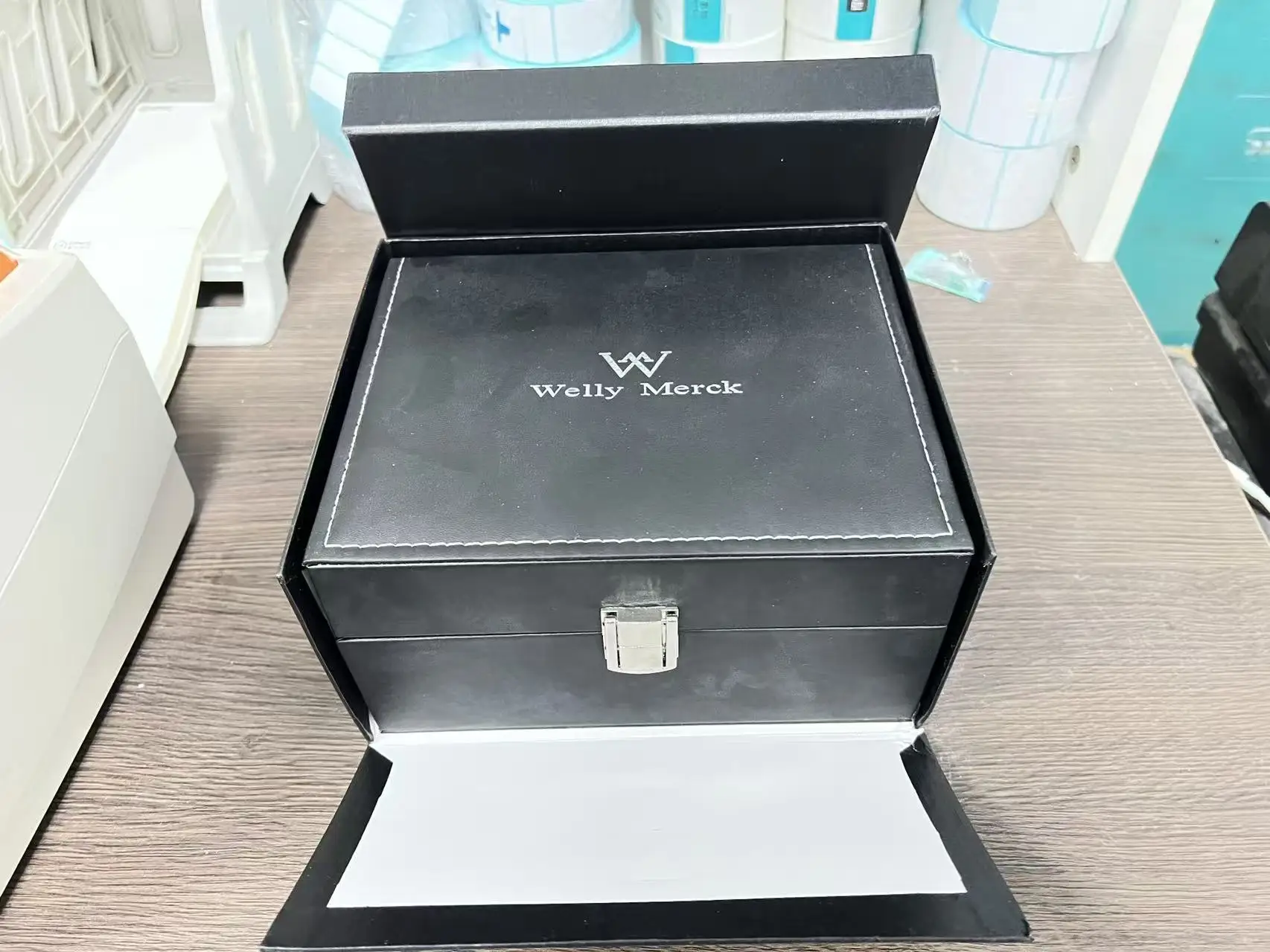 Welly Merck Watch Box – Matte Black Exterior, Silver - Tone Clasp, Branded Interior, Sleek & Sophisticated, Designed for Premium