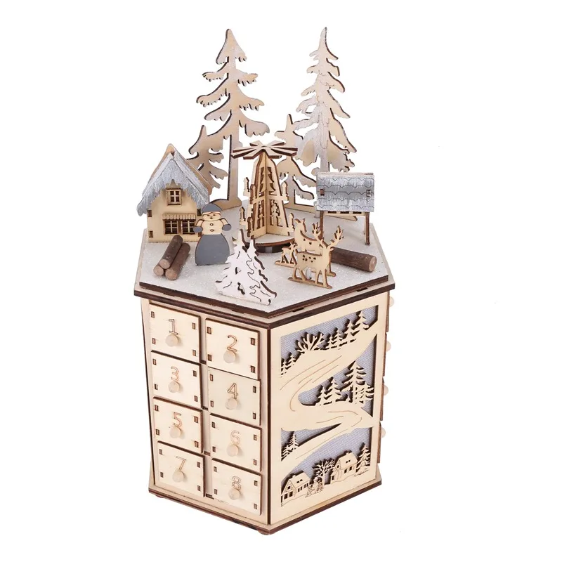 LED Revolving Music Box Advent Calendar Decorated With LED Lights Wooden Carved 24 Day Countdown To Christmas Calendar