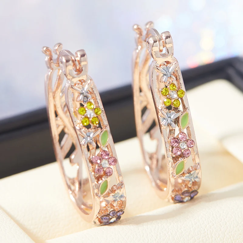 Exquisite Fashion Creative Gold Silver Color Flower Colorful Flower Zircon Earrings Fashion Accessories Wedding Daily Jewelry