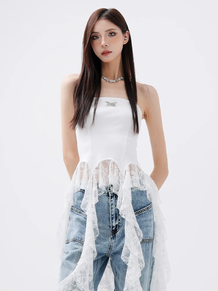 

Light color irregular lace streamer design sense tube top women's niche waist and thin short top