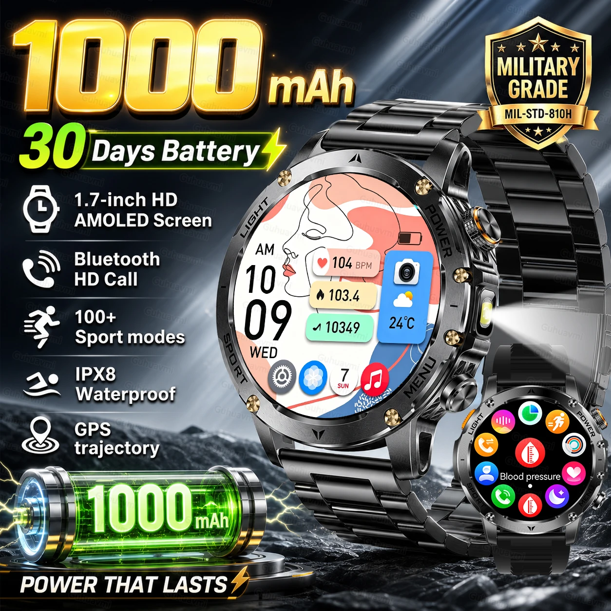 Nouvelle Montre Connectée 2026 avec Grande Batterie 1000 mAh pour Hommes, Montre de Sport d'Extérieur Étanche IP68, Appel Bluetooth, Écran AMOLED HD 1,7 Pouces, Suivi Santé, Sommeil, Boussole, Tracker d'Activité pour Android iOS