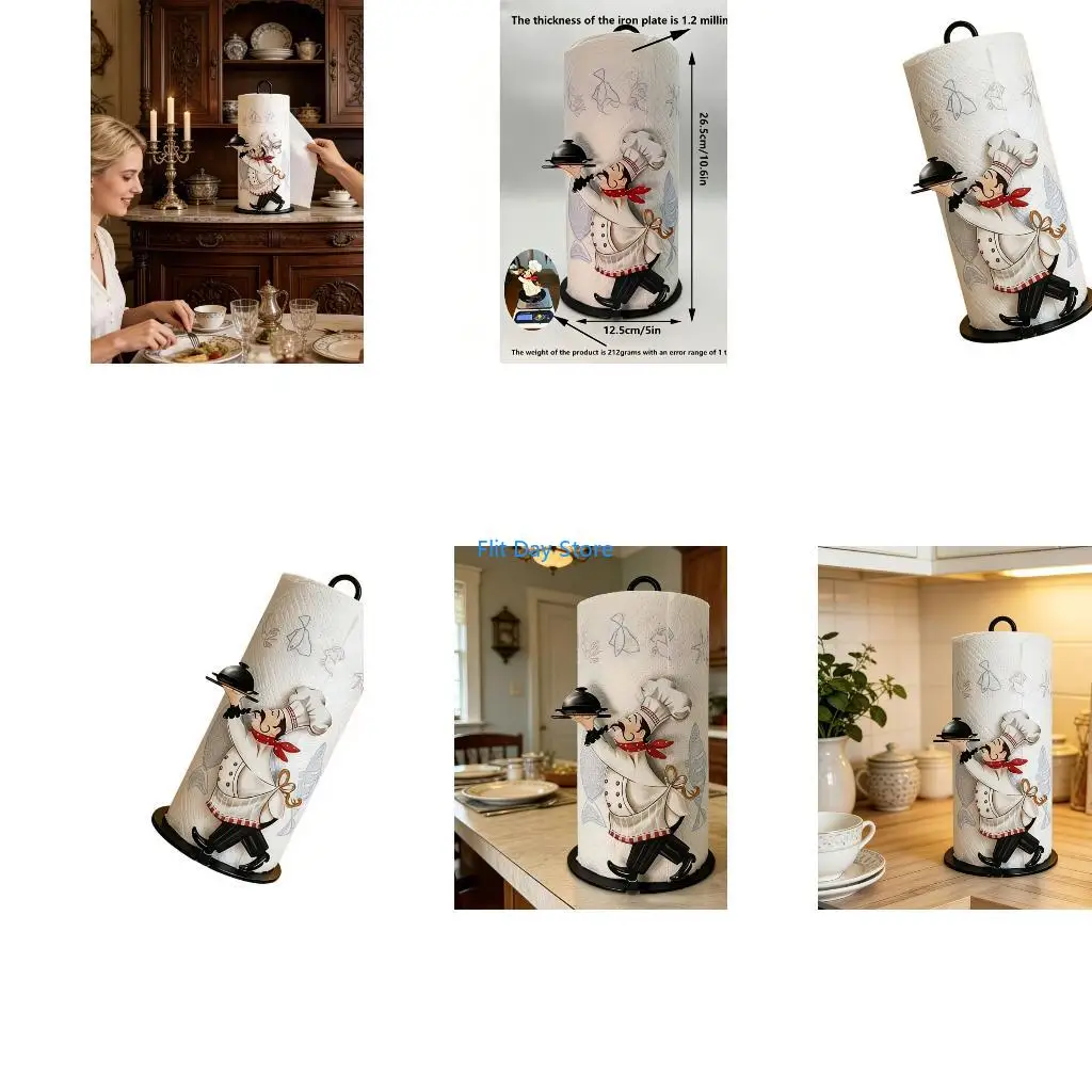 F92C Kitchen Paper Towel Holder Stand with Cook Character, Freestanding Roll Holder with Acrylic, and Metal Build for Household
